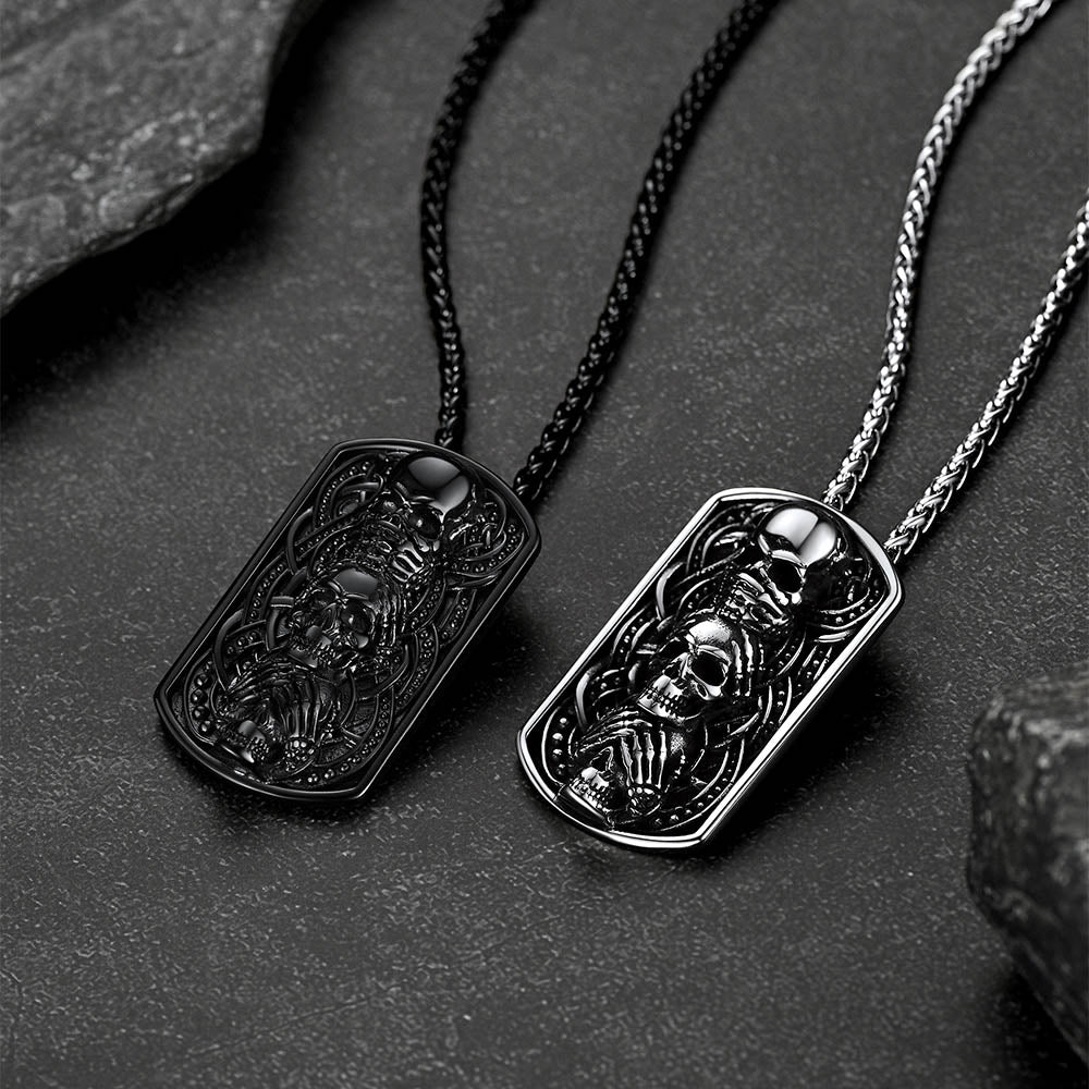 See No Evil, Hear No Evil, Speak No Evil Skulls Dog Tag Necklace for