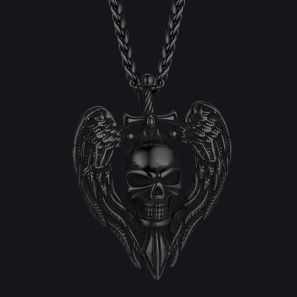 Gothic Sword Wings Skull Pendant Necklace for