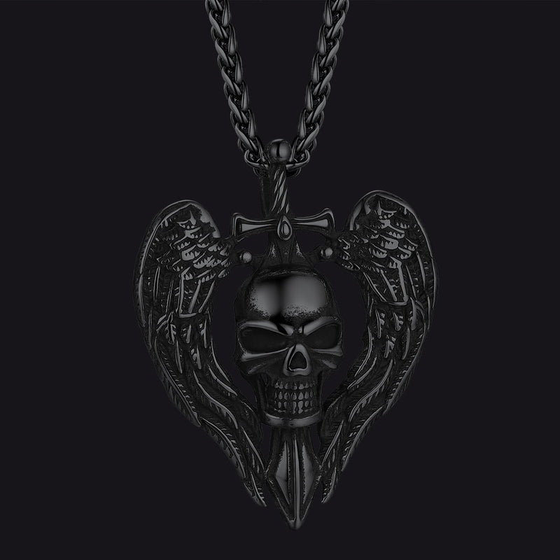 Gothic Sword Wings Skull Pendant Necklace for