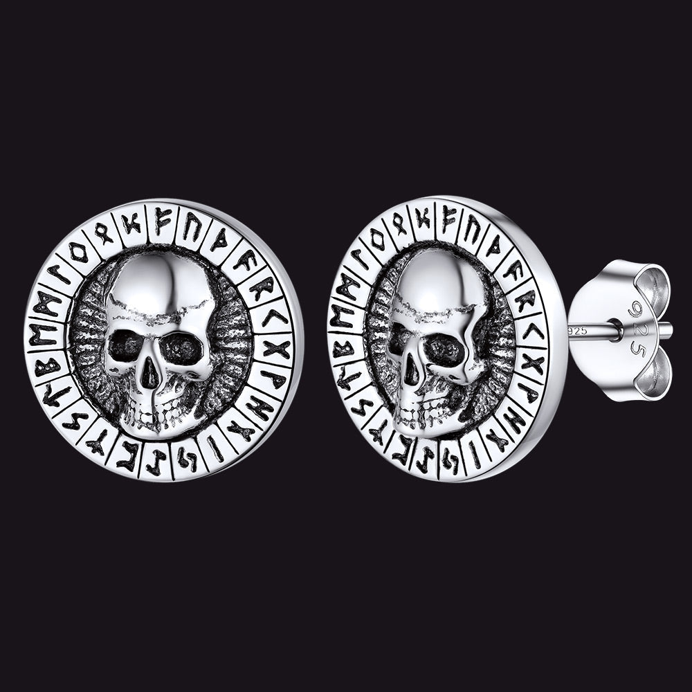Sterling Silver Runes Skull Earrings Studs for