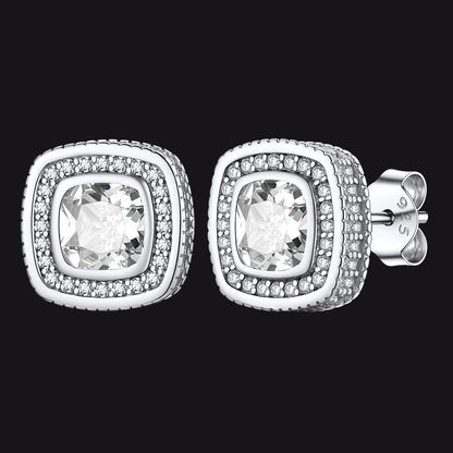 6mm Cushion Cut Diamond Halo Stud Earrings in Sterling Silver