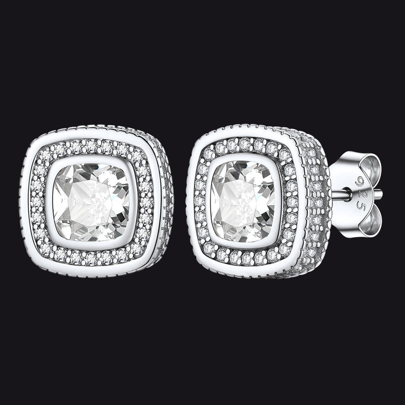 6mm Cushion Cut Diamond Halo Stud Earrings in Sterling Silver