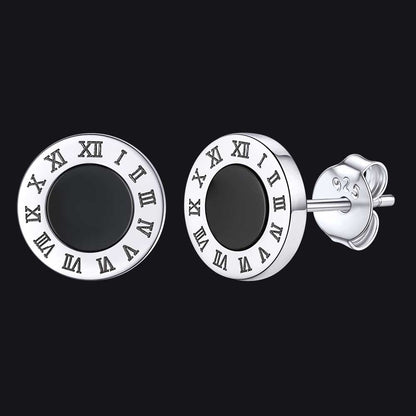 Sterling Silver Roman Numerals Black Onyx Stud Earrings