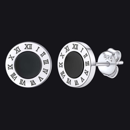 Sterling Silver Roman Numerals Black Onyx Stud Earrings