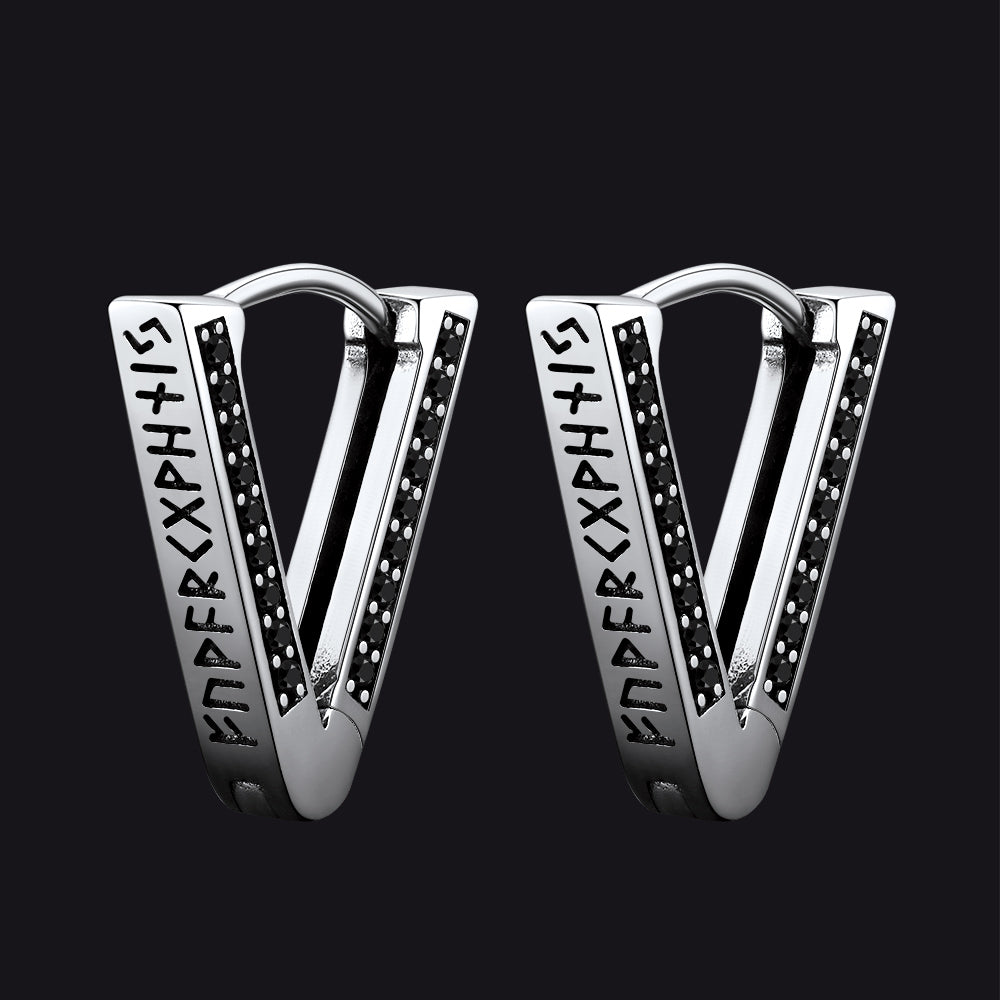 Sterling Silver Viking Triangle Huggie Hoop Earrings With Black Zirconia for