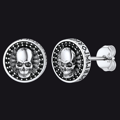 Skull Stud Earrings With Runes in Sterling Silver