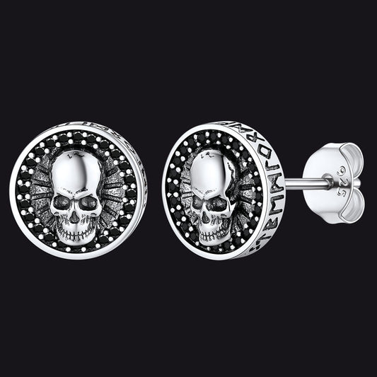 Skull Stud Earrings With Runes in Sterling Silver