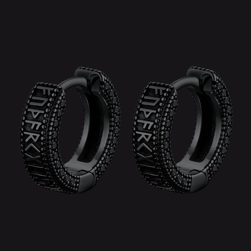 Sterling Silver Viking Runes Hoop Earrings With Black Zirconia for