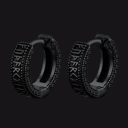 Sterling Silver Viking Runes Hoop Earrings With Black Zirconia for