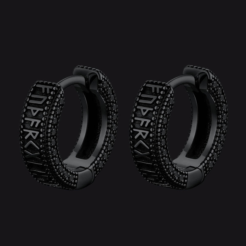 Sterling Silver Viking Runes Hoop Earrings With Black Zirconia for