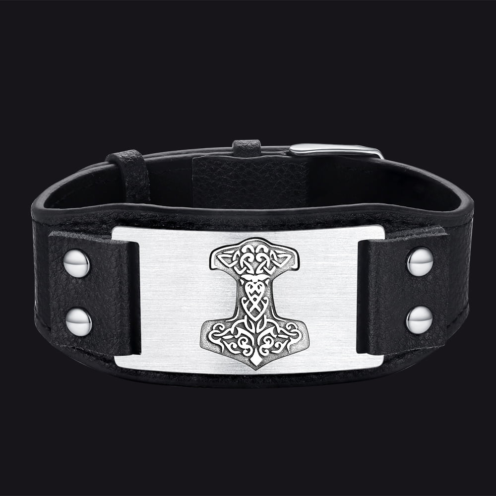 Viking Thor's Hammer Cuff Bracelet Leather Wristband for Son
