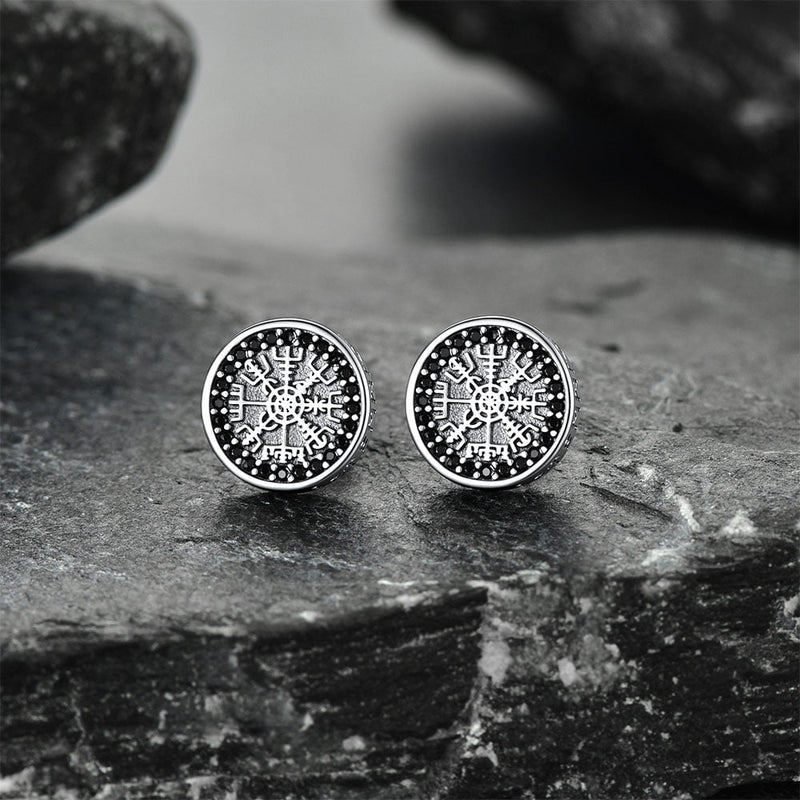 Sterling Silver Viking Compass Stud Earrings With Runes
