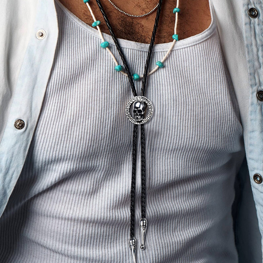 Gothic Skull Bolo Tie With Viking Rune for