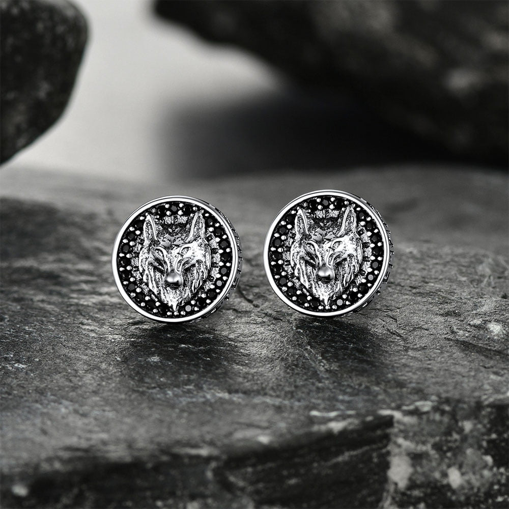 Sterling Silver Viking Wolf Head Stud Earrings for