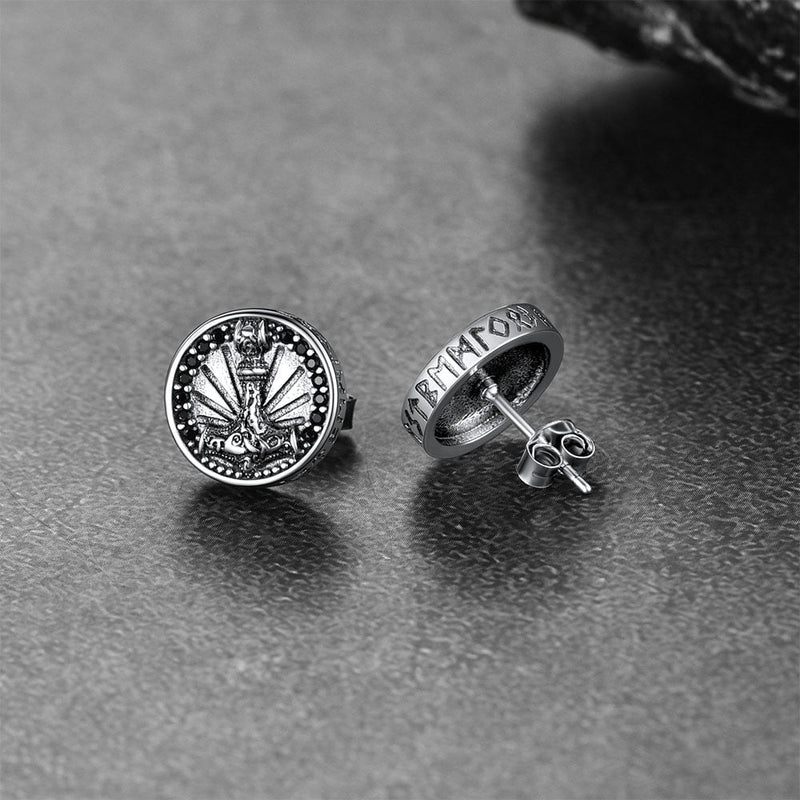 Viking Thor's Hammer Stud Earrings With Runes in Sterling Silver