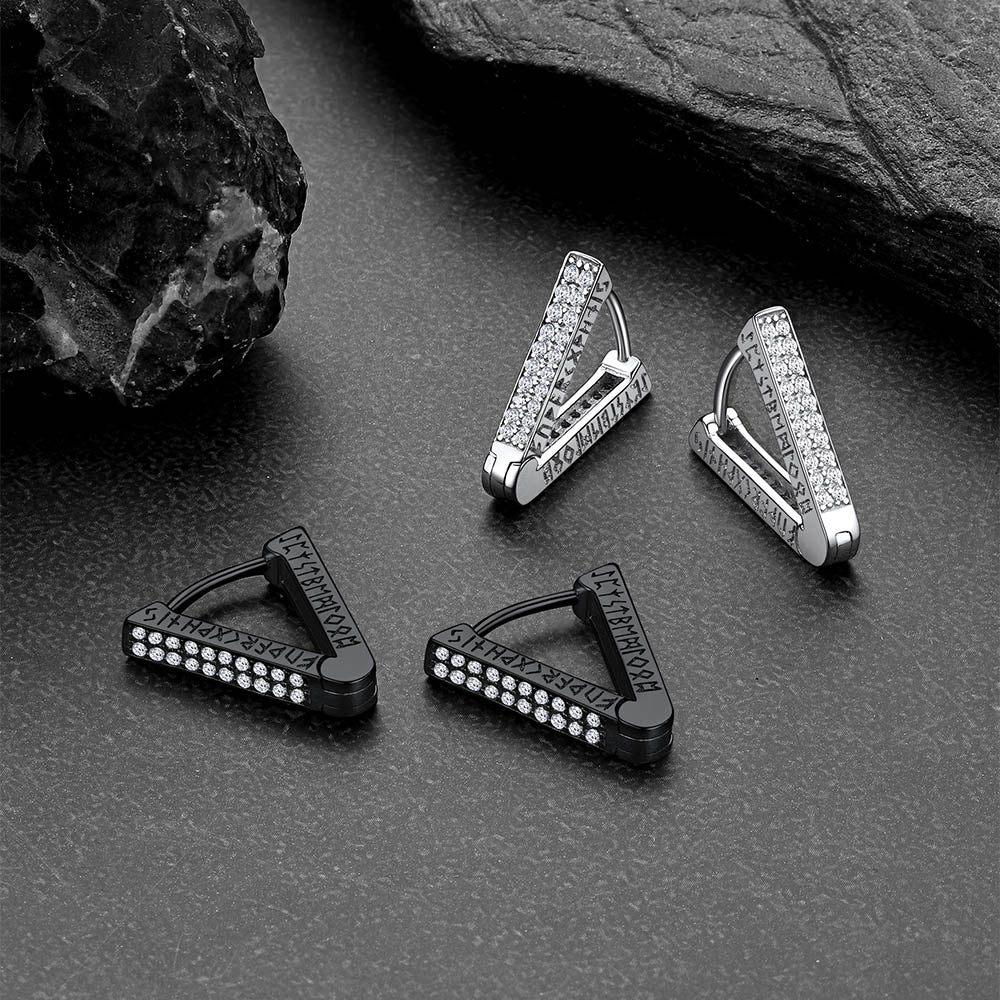 Cubic Zirconia Triangle Huggie Hoop Earrings With Viking Runes for