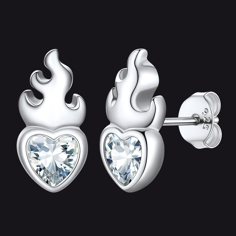 Sterling Silver Sacred Heart Flame Birthstone Earrings