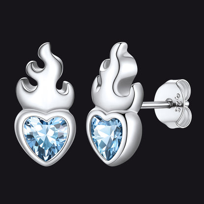 Sterling Silver Sacred Heart Flame Birthstone Earrings