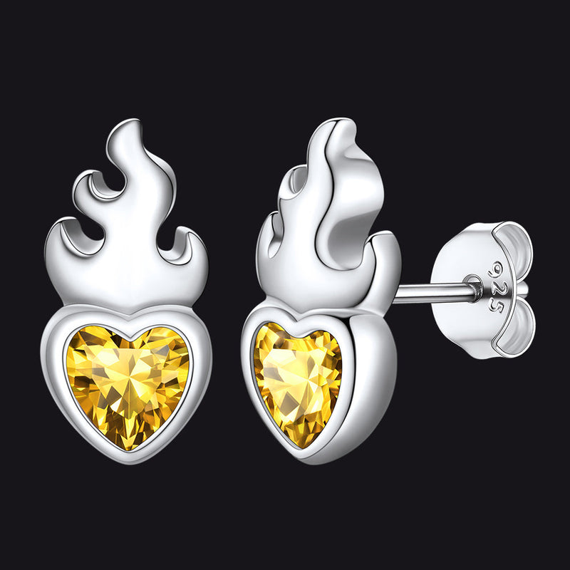 Sterling Silver Sacred Heart Flame Birthstone Earrings