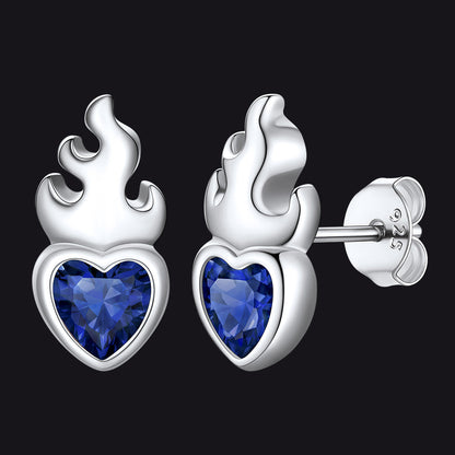 Sterling Silver Sacred Heart Flame Birthstone Earrings