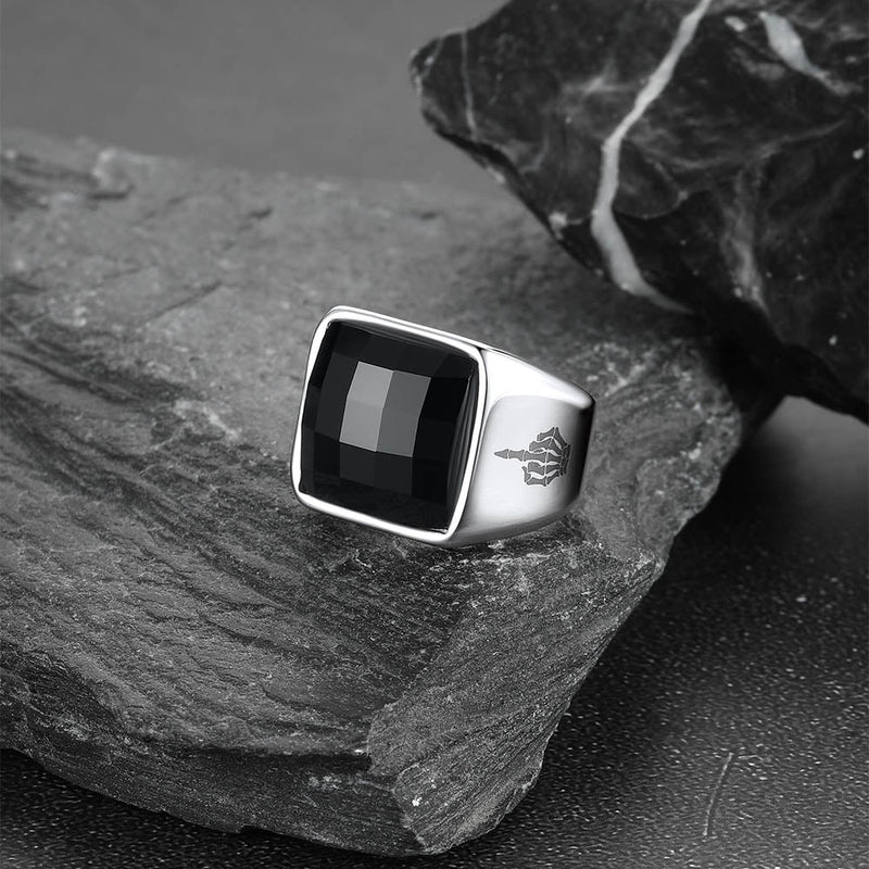 Engraved Black Onyx Signet Ring for Stainless Steel