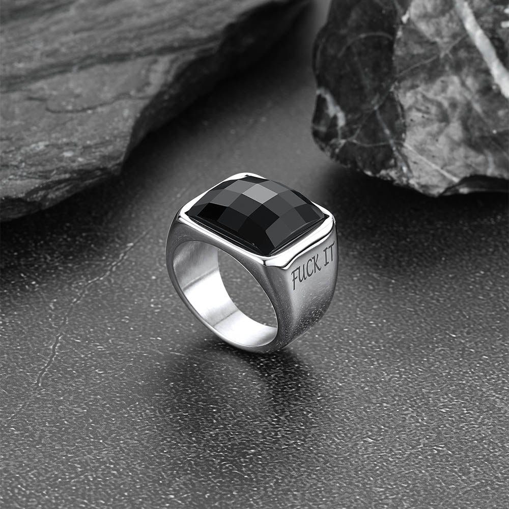 Engraved Black Onyx Signet Ring for Stainless Steel