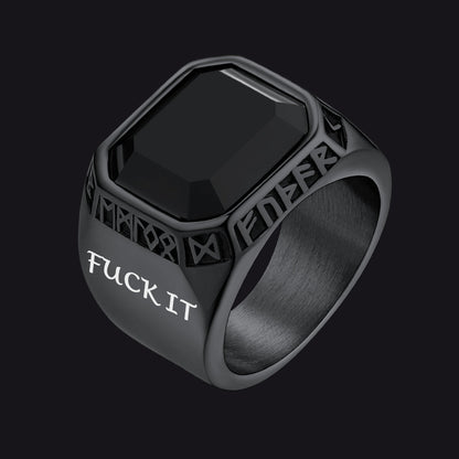 F*ck It Black Onyx Ring With Viking Runes for