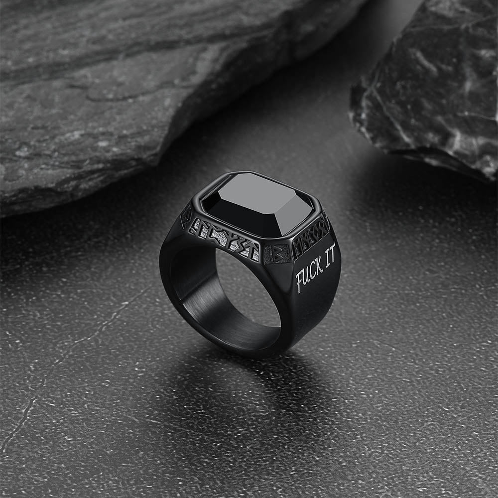 F*ck It Black Onyx Ring With Viking Runes for