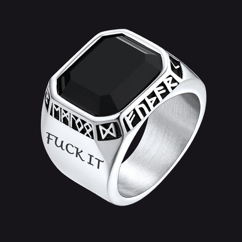 F*ck It Black Onyx Ring With Viking Runes for