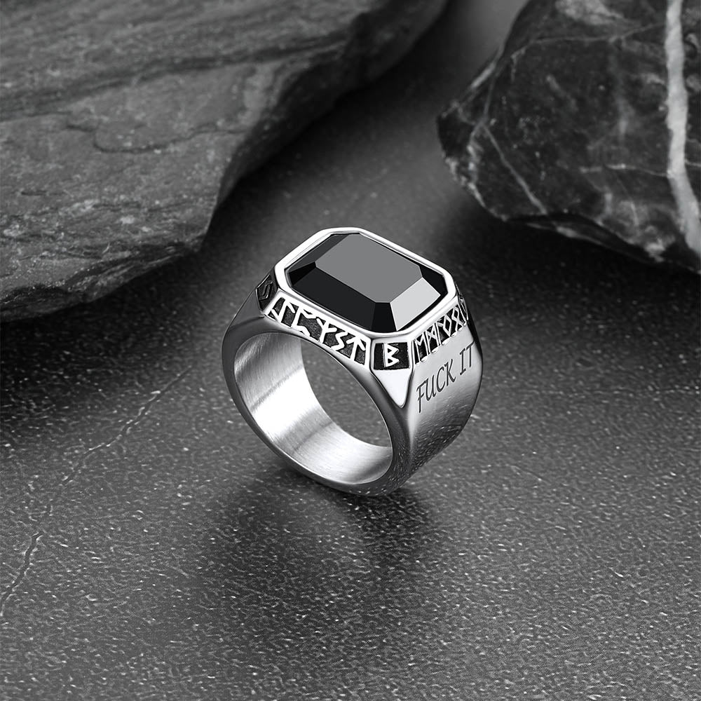 F*ck It Black Onyx Ring With Viking Runes for