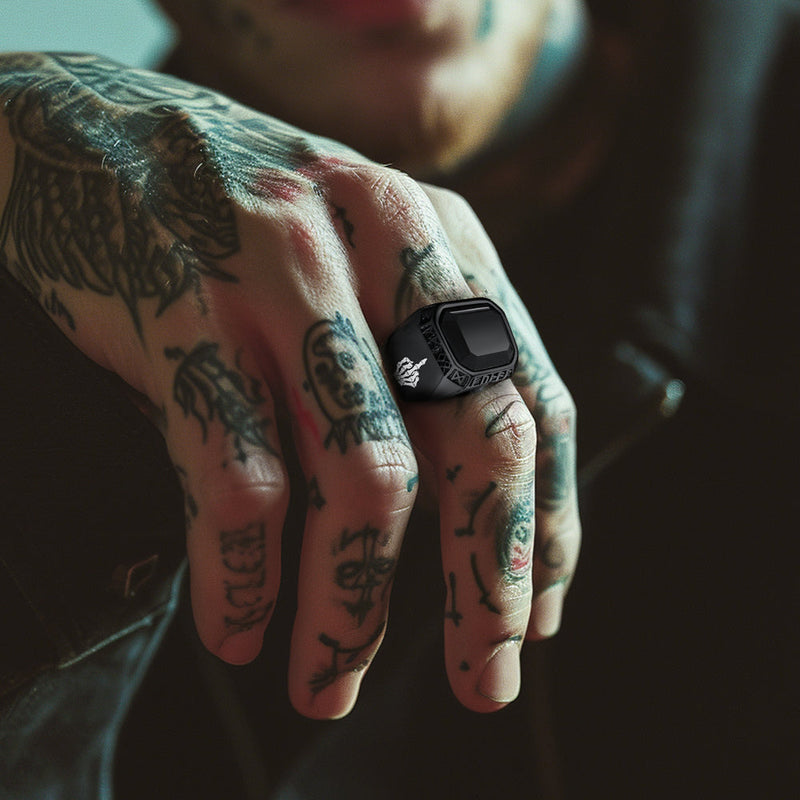 F*ck It Black Onyx Ring With Viking Runes for