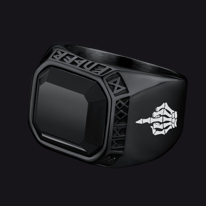 F*ck It Black Onyx Ring With Viking Runes for