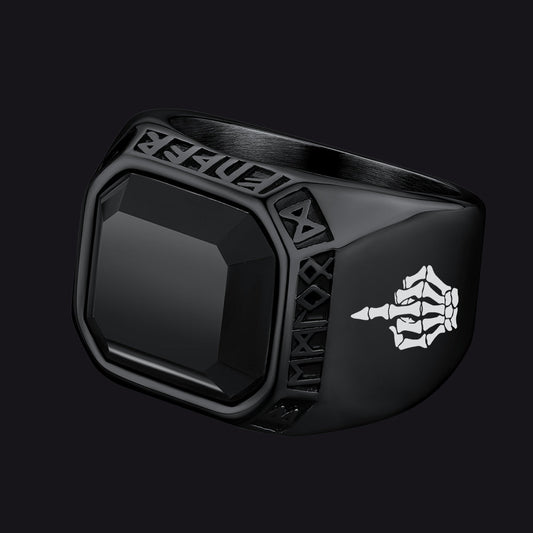 F*ck It Black Onyx Ring With Viking Runes for