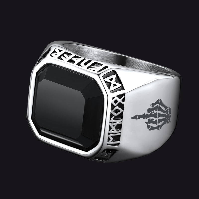 F*ck It Black Onyx Ring With Viking Runes for