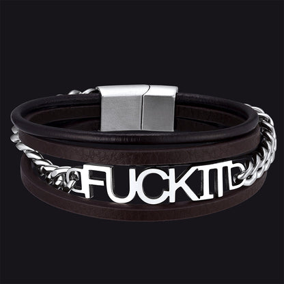 F*ck It Steel Chain Leather Bracelet for