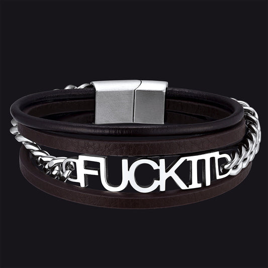 F*ck It Steel Chain Leather Bracelet for
