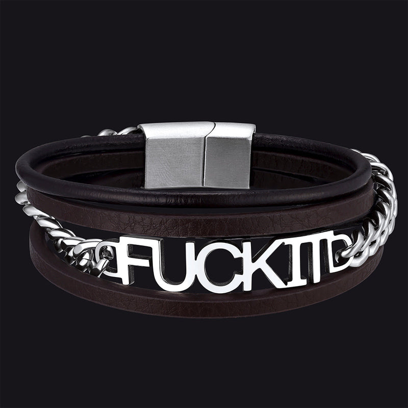 F*ck It Steel Chain Leather Bracelet for