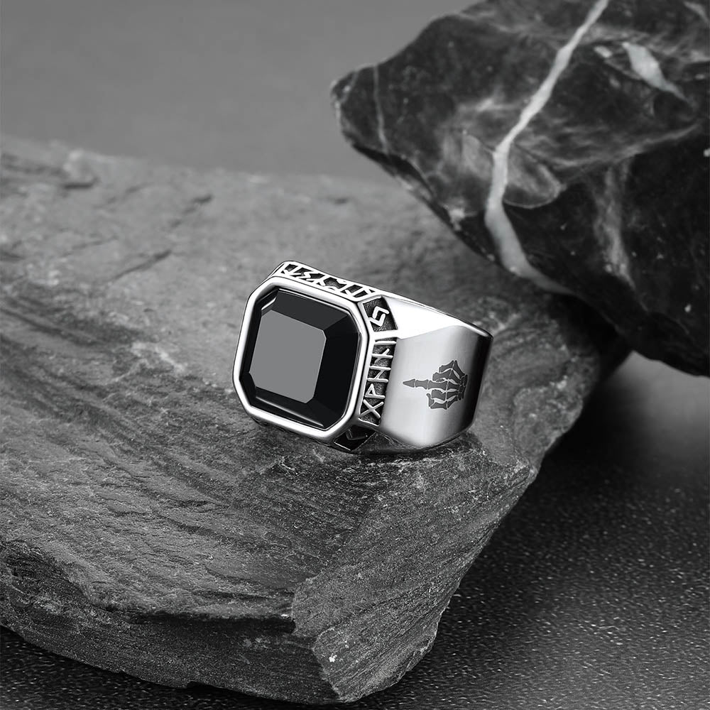 F*ck It Black Onyx Ring With Viking Runes for