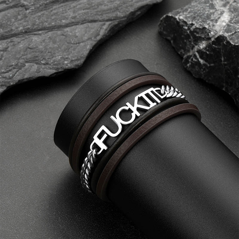 F*ck It Steel Chain Leather Bracelet for