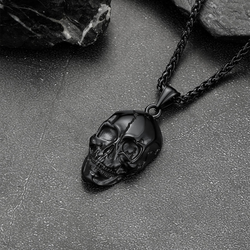 Gothic Skull Necklace With Fissured Skeleton Head for