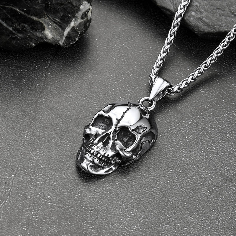 Gothic Skull Necklace With Fissured Skeleton Head for