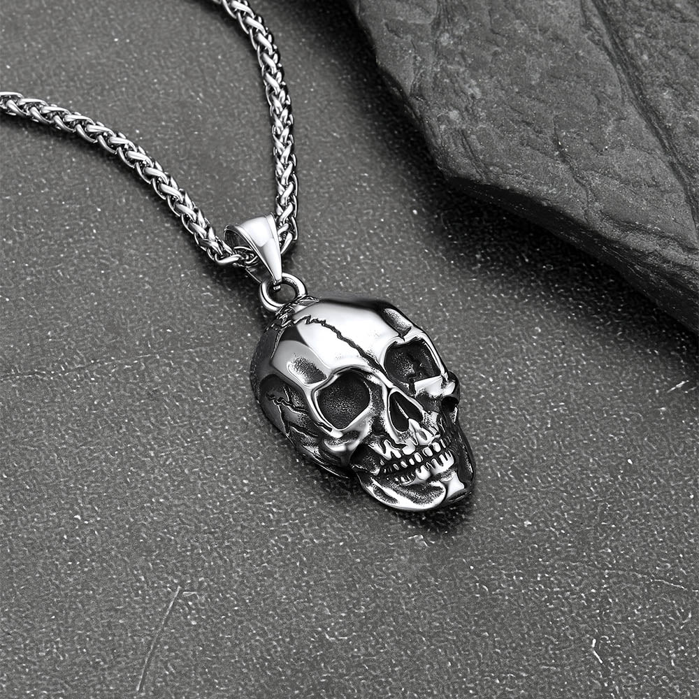 Gothic Skull Necklace With Fissured Skeleton Head for