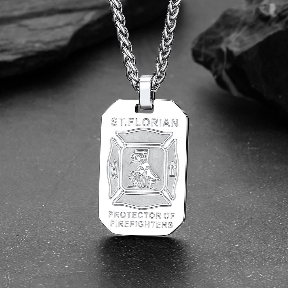 Engraved Saint Florian Firefighter Dog Tag Necklace for Firemen