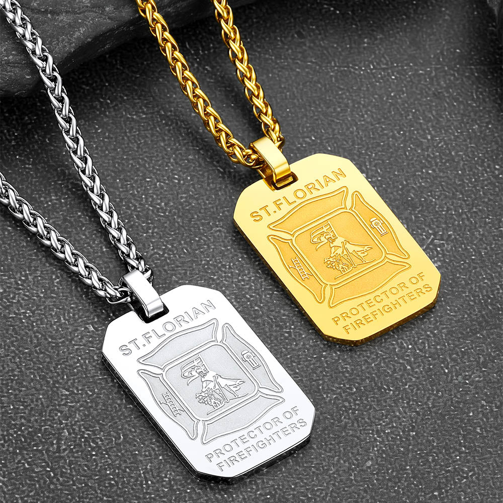 Engraved Saint Florian Firefighter Dog Tag Necklace for Firemen