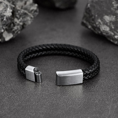 Engraved Custom Double Black Braided Leather Bracelet Cuff for Son