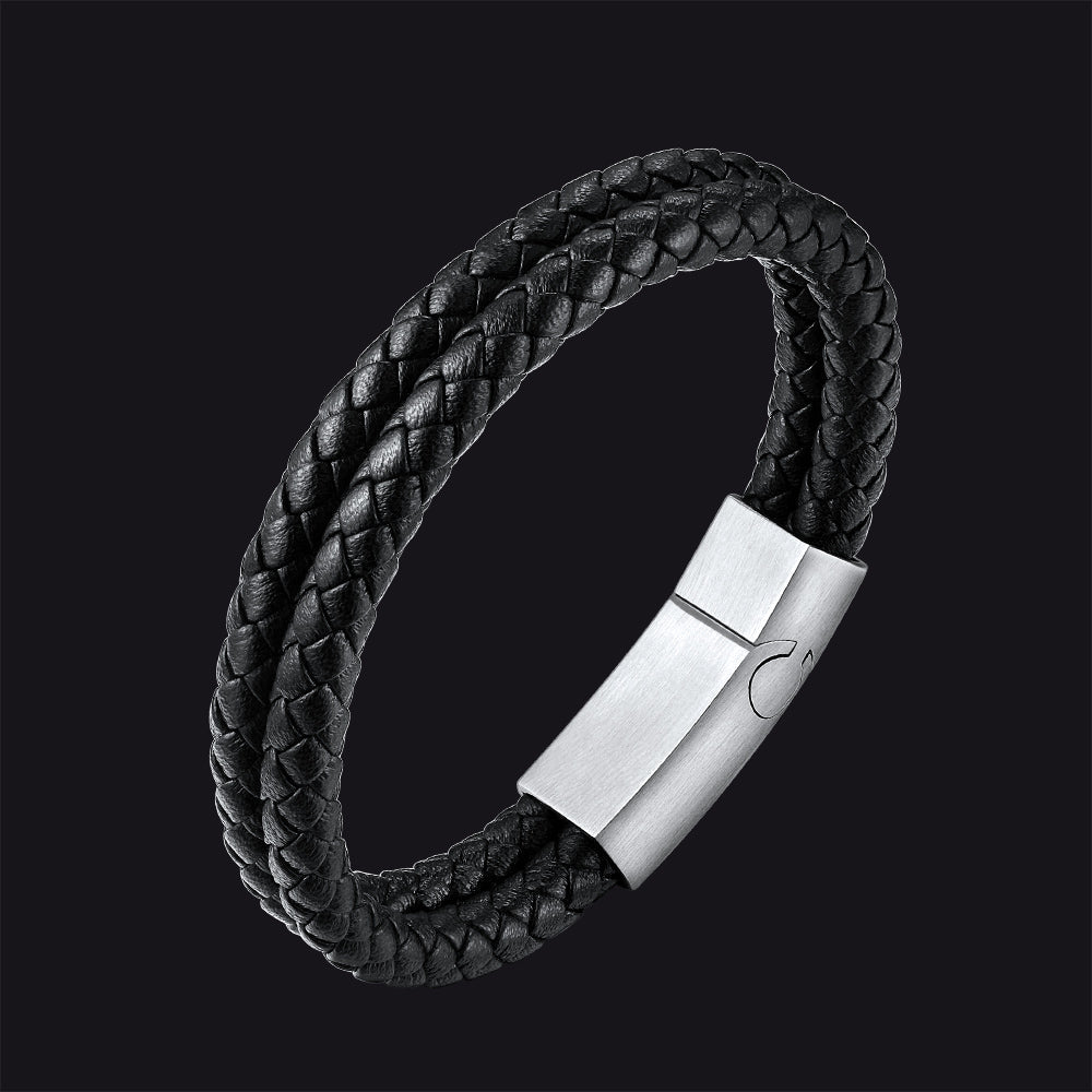 Engraved Custom Double Black Braided Leather Bracelet Cuff for Son