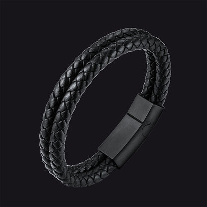Engraved Custom Double Black Braided Leather Bracelet Cuff for Son