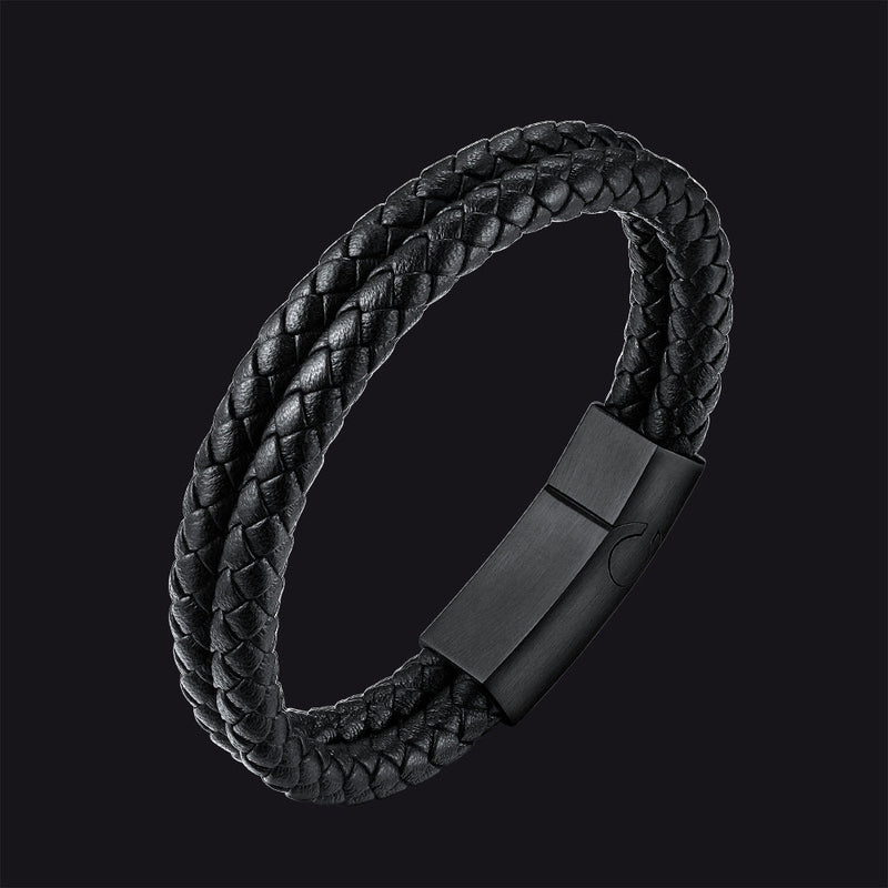 Engraved Custom Double Black Braided Leather Bracelet Cuff for Son
