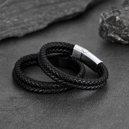 Engraved Custom Double Black Braided Leather Bracelet Cuff for Son