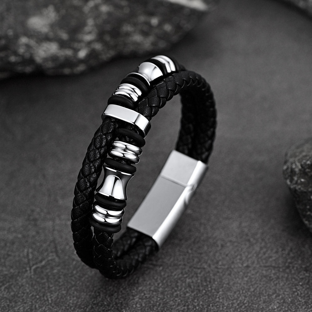 Engraved Black Braided Leather Bracelet Cuff Gift for